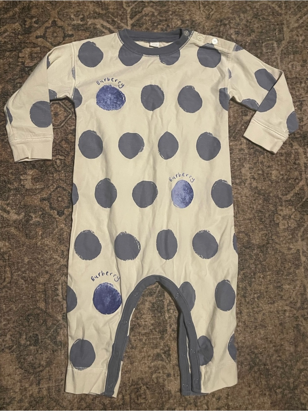 Burberry Baby Polka Dot Cotton Romper in Cream and Blue